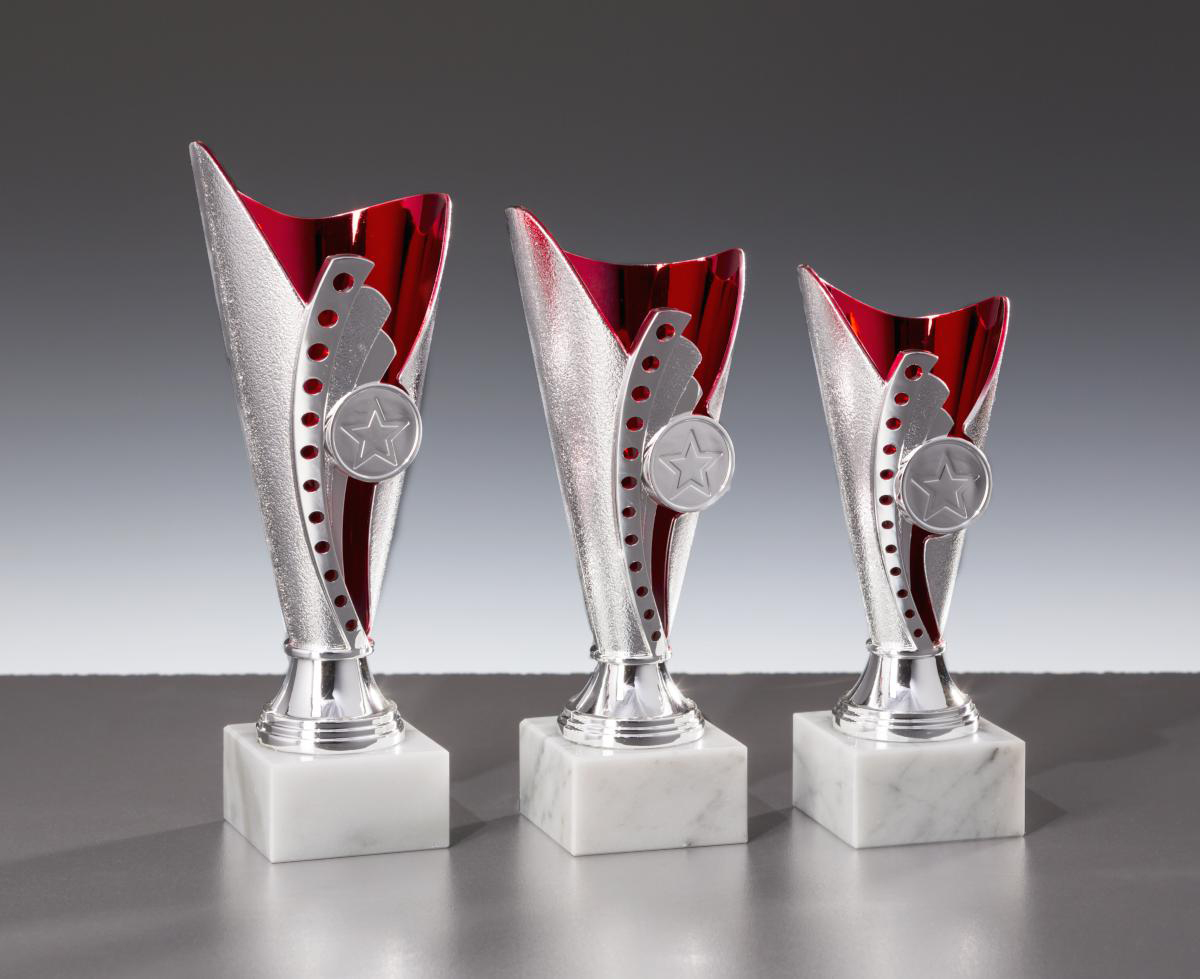 Ständer-Trophäen " Silber/Rot " mit Marmorsockel